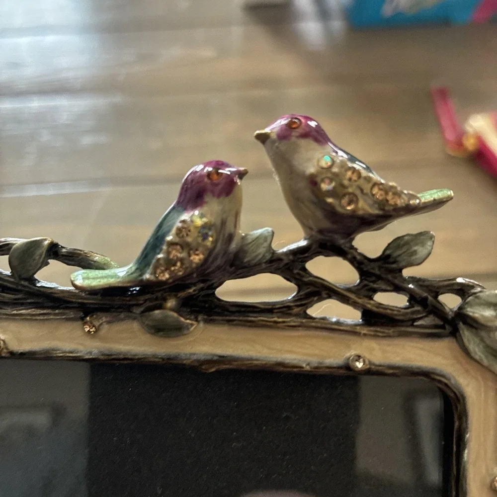 Metal Enamel Picture Frame with Birds and Vines Rhinestones 4 X 5